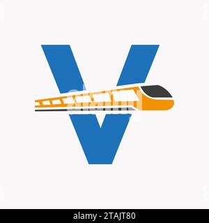 Train Logo On Letter V, Express Symbol Vector Template Stock Vector