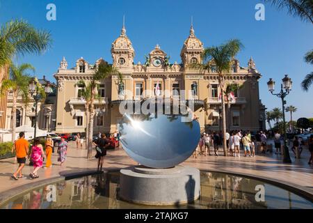 Exterior of Monte Carlo / Monte-Carlo Casino with concave mirror sculpture, the 'Sky Mirror' by Anish Kapoor, in polished stainless steel. Monaco. (135) Stock Photo