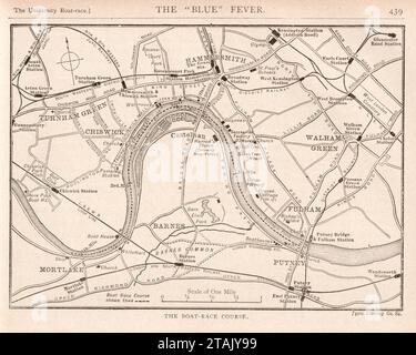 Engraving of map of The Oxford - Cambridge Boat Course Race (The Boat Race) from the book: “Greater London, volume 2” by Cassel and Company, London 1898. The Boat Race is an annual set of rowing races between the Cambridge University Boat Club and the Oxford University Boat Club, traditionally rowed between open-weight eights on the River Thames in London, England. It is also known as the University Boat Race and the Oxford and Cambridge Boat Race. Stock Photo