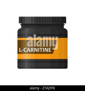 L-carnitine bottle isolated on white background. Sports nutrition icon container package, fitness supplements. Bodybuilding sport food. Jar Stock Vector