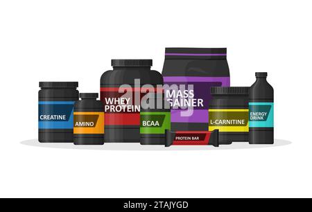 Sports nutrition containers packages, fitness protein power. Set of bodybuilding sport food. Jars and bottles with supplements for muscle growth. Gym Stock Vector