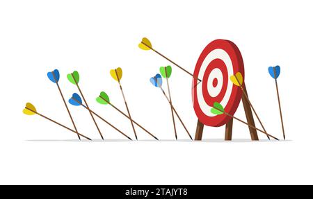 Many arrows missed their target. Several unsuccessful inaccurate attempts to hit the target of archery. Metaphor for failure in business. Fail concept Stock Vector