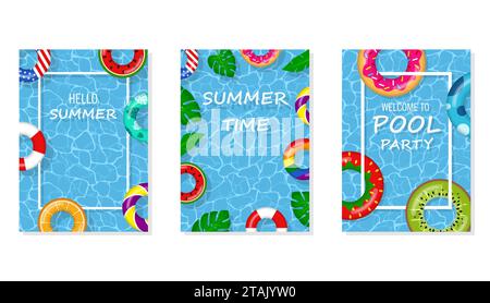 Vector bright and fun advertising poster template for pool party. Welcome to pool party flyer with swimming pool, floating rings and tropical leaves. Stock Vector