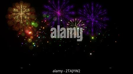 Fireworks background. New Year background. Fire crackers explosion on black sky background. Stock Photo