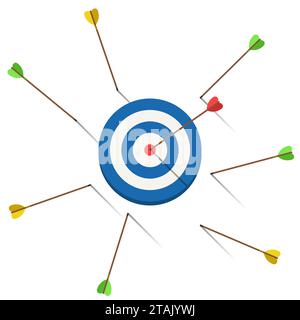 Lots arrows missed hitting target mark and only one hits the center. Goal achieving idea. Business success and failure symbol. Efficiency Stock Vector