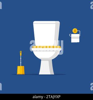 Modern toilet room interior, Classic white ceramic toilet bowl with water tank, paper and brush in flat style. Equipment and accessories for restroom. Stock Vector