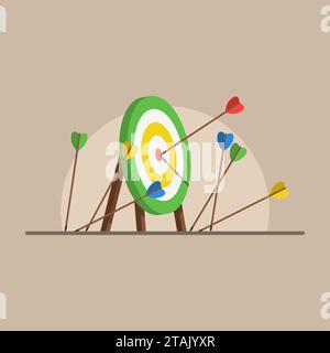 Lots arrows missed hitting target mark and only one hits the center. Failed inaccurate attempts to hit archery target. Vector illustration. Stock Vector