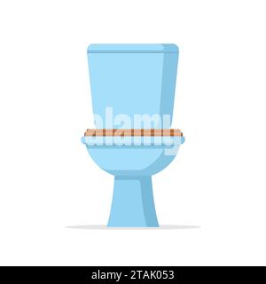 Classic ceramic toilet bowl with water tank in flat style isolated on white background. Equipment and accessories for restroom. Lavatory furnishing Stock Vector