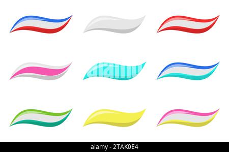 Set of different colors of toothpaste isolated on white background. Toothpaste sample smear swatch. Treatment, protection or whitening hygiene product Stock Vector