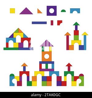 Multicolored wooden kids blocks toy details building kit set. Brick parts for the construction of a children tower, castle, house. Education toys Stock Vector