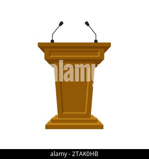 Wooden tribune stand rostrum with microphones on white background. Podium or pedestal stand for speech or public pulpit for orator. Tribute for press Stock Vector