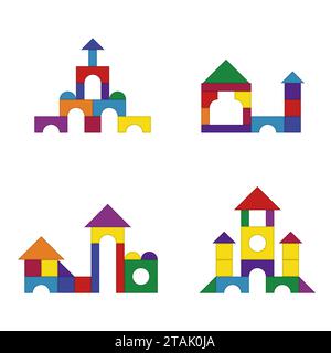 Multicolored wooden kids blocks toy details building kit set. Brick parts for the construction of a children tower, castle, house. Education toys Stock Vector