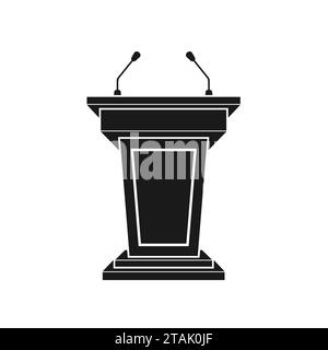 Black tribune icon stand rostrum with microphones on white background. Podium or pedestal stand for speech or public pulpit for orator. Tribute Stock Vector