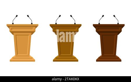 Wooden set of three colored tribunes stand rostrum with microphones. Podium or pedestal stand for speech or public pulpit for orator. Tribute Stock Vector
