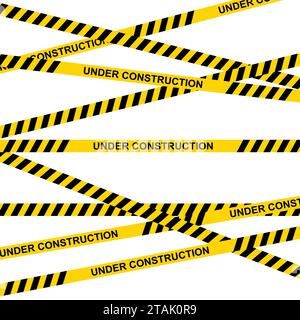 Yellow and black warning tapes with text under construction isolated on white background. Police insulation line, signs of warning, do not cross Stock Vector