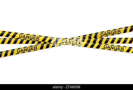 Yellow and black warning tapes with text danger isolated on white background. Police insulation line, signs of warning, do not cross, caution. Stock Vector