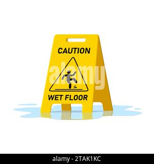 Wet floor caution sign and water puddle isolated on white background, Public warning yellow symbol clipart. Slippery surface beware plastic board Stock Vector