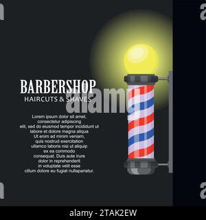 Barber shop pole with stripes on dark background. Barbershop sign, hairdresser symbol in flat style. Banner template Vector illustration Stock Vector