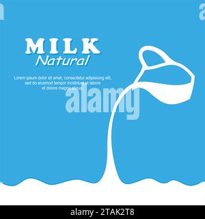 Milk flows from jug. White wave milk on blue background. Vector Illustration Stock Vector