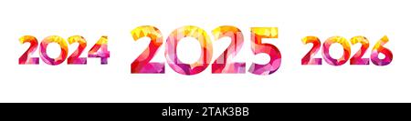 Happy New Year number collection. 2024, 2025, 2026 trendy design. Yellow, purple and red colors. Collection of icons. Isolated template. Abstract text Stock Vector