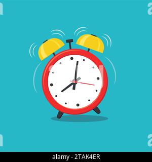 Alarm clock red wake-up time isolated on background in flat style. Vector illustration Stock Vector