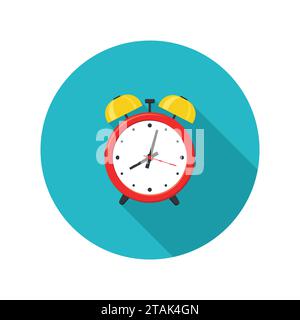 Alarm clock red icon with shadow isolated on white background in flat style. Vector illustration Stock Vector