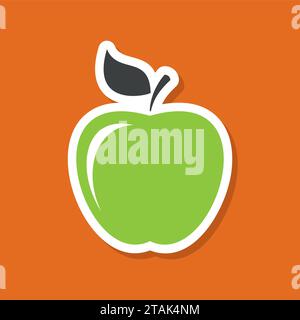 Apple sticker in flat style with shadow. Fruit vector icon. Green apple on orange background Stock Vector