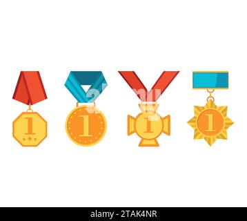 Winner medals with red and blue ribbons isolated on white background. Vector colorful collection of golden award circles with first number Stock Vector
