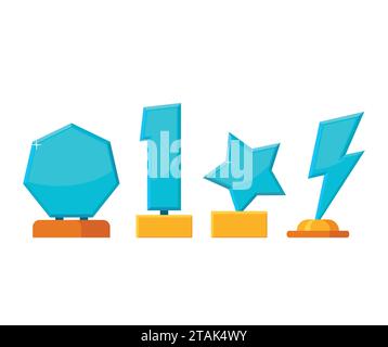Set trophy winner award collection isolated on white background. Glass awards in flat style. Prizes and rewards made of glass and gold Stock Vector