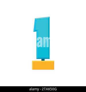 Glass trophy award in shape of number one with golden base isolated on white background. Blue winner prize icon vector illustration Stock Vector