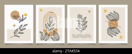 Set of Minimalist Poster with Hand Drawn Flowers. Floral Art Design for Wallpaper, Cover, Print, and More Stock Vector