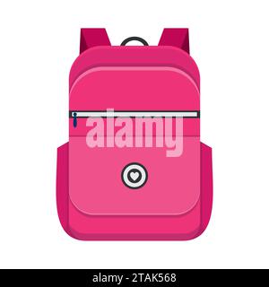Backpack isolated on white background. School bag handle strap sack in flat style. Pink schoolbag supplies educational Stock Vector