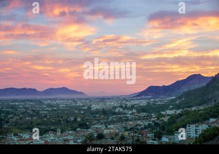 View of the coastal southern Huerta of Murcia, Spain, from the viewpoint of the Santurario de la Fuensanta at dawn Stock Photo