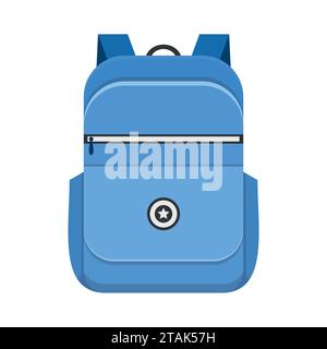 Backpack isolated on white background. School bag handle strap sack in flat style. Blue schoolbag supplies educational Stock Vector