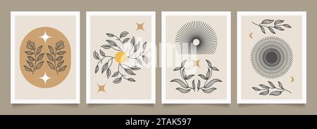 Set of Minimalist Poster with Hand Drawn Flowers. Floral Art Design for Wallpaper, Cover, Print, and More Stock Vector
