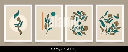 Set of Minimalist Poster with Hand Drawn Flowers. Floral Art Design for Wallpaper, Cover, Print, and More Stock Vector