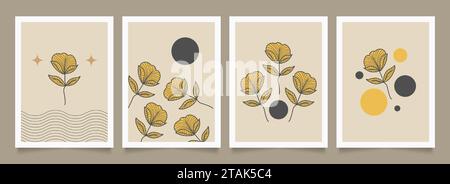 Set of Minimalist Poster with Hand Drawn Flowers. Floral Art Design for Wallpaper, Cover, Print, and More Stock Vector