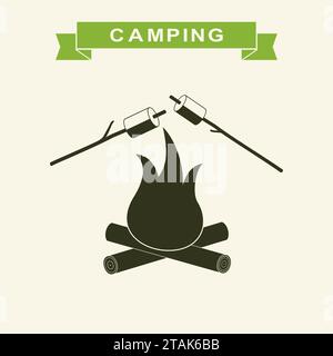 Bonfire with marshmallow Icon. Camping grill marshmallow flat. Outdoor campfire night. Stock Vector