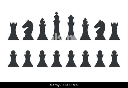 Set chess pieces isolated on white background. Chess pieces including the king, queen, bishop, knight, rook and pawn in flat style. Stock Vector