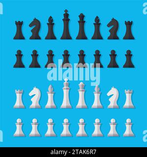 Set black and white chess pieces isolated on blue background. Chess pieces including the king, queen, bishop, knight, rook and pawn in flat style. Stock Vector