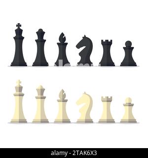 Set black and white chess pieces isolated on white background. Chess pieces including the king, queen, bishop, knight, rook and pawn in flat style. Stock Vector