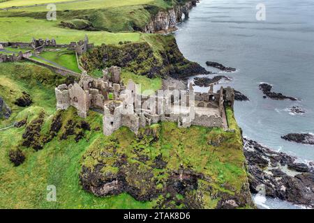 Aerial view of Dunluce Castle, a medieval castle in Northern Ireland. Stock Photo