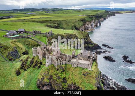 Aerial view of Dunluce Castle, a medieval castle in Northern Ireland. Stock Photo