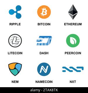 Crypto currency icon set flat logo isolated on white background. Main blockchain cryptocurrencies collection for buying and trading network. Vector il Stock Vector