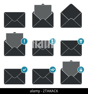 Mail envelope notifications icons set. Concept of incoming email messages, communication, mail delivery service for social network, web or mobile app. Stock Vector