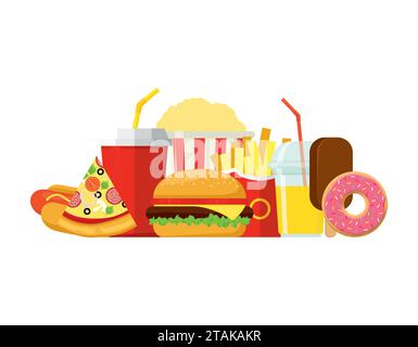 Colorful Fast food vector isolated on white background. Fast food hamburger dinner and restaurant, tasty set fast food many meal and unhealthy Stock Vector