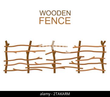 Rural wooden fence isolated on white background. Farm fence vector illustration. Branches fence rustic wood silhouette construction in flat style Stock Vector