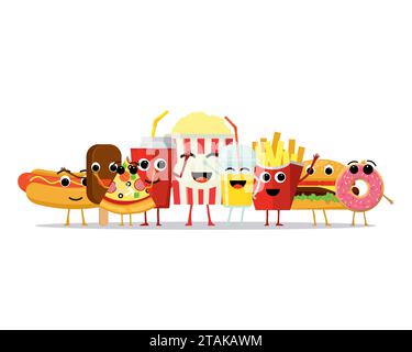 Funny fast food characters isolated on white background. Happy smile cartoon face fastfood, comical snack vector illustartion Stock Vector