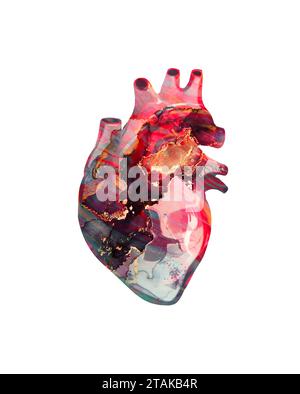 Hand drawn illustration or drawing of a colorful human heart with marble paint effect Stock Photo