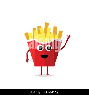Funny and cute French fries character isolated on white background. French fries with smiling human face vector illustration. Kids restaurant menu Stock Vector